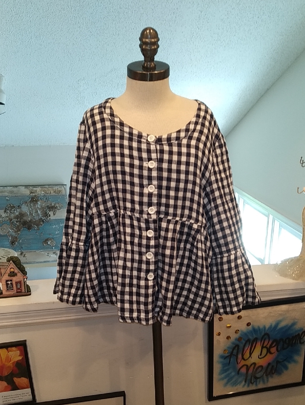 Women's Navy Blue & White Gingham Button-Front Peplum Top Jacket